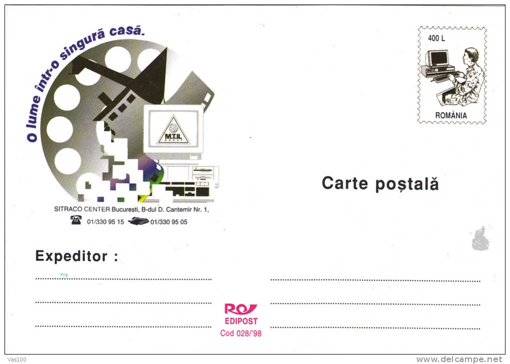 COMPUTER, 1998, CARD STATIONERY, ENTIER POSTALE, UNUSED, ROMANIA - Computers