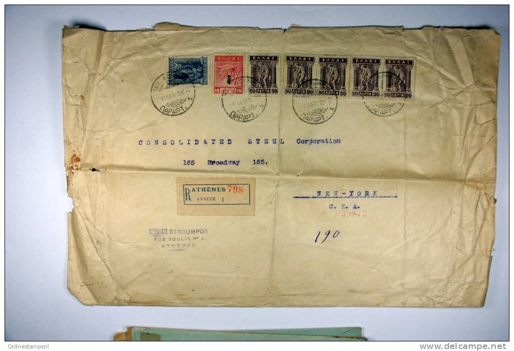 Greece Large Registered Cover Athens To New York, 1929 Multiple Stamps, Arrival Cancels (3x) On Reverse, Folded - Covers & Documents