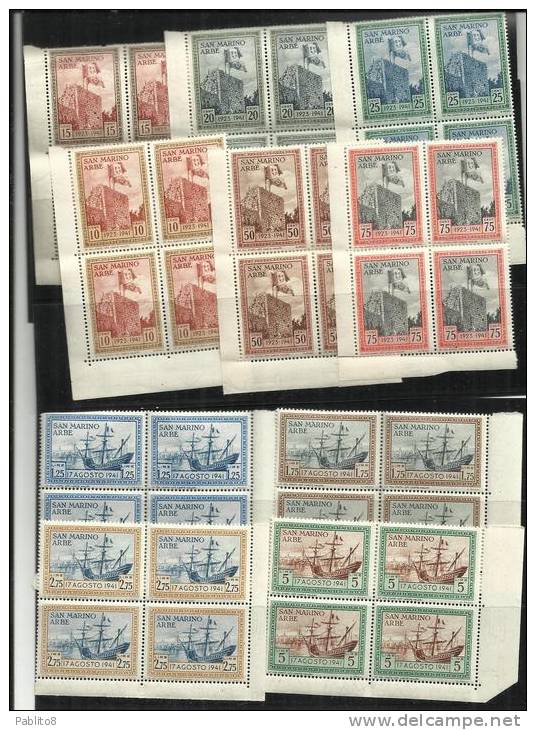 SAN MARINO 1942 RICONSEGNA AD ARBE DELLA BANDIERA ITALIANA SERIE COMPLETA ORDINARIA MNH QUARTINA - Unused Stamps