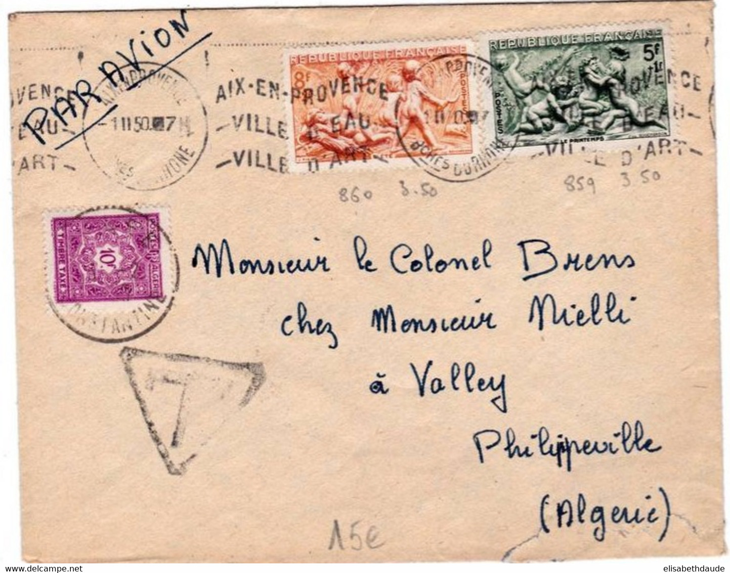 1950 - TAXE ALGERIE Sur ENVELOPPE Par AVION De AIX EN PROVENCE Pour PHILIPPEVILLE - Covers & Documents