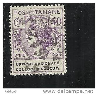 ITALIA REGNO ITALY KINGDOM 1924 PARASTATALI UFFICIO NAZIONALE COLLOCAZIONE DISOCCUPATI CENT. 50 TIMBRATO USED - Franchigia