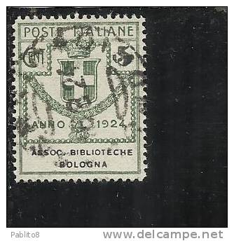 ITALIA REGNO ITALY KINGDOM 1924 PARASTATALI ASSOCIAZIONE BIBLIOTECHE BOLOGNA CENT. 5c USATO USED OBLITERE' - Zonder Portkosten