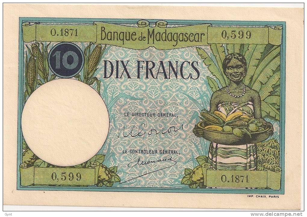 10 FRANCS Banque De MADAGASCAR  1926 Neuf  Avec Trous D´épingles KOLSKY N° 803 - Madagaskar
