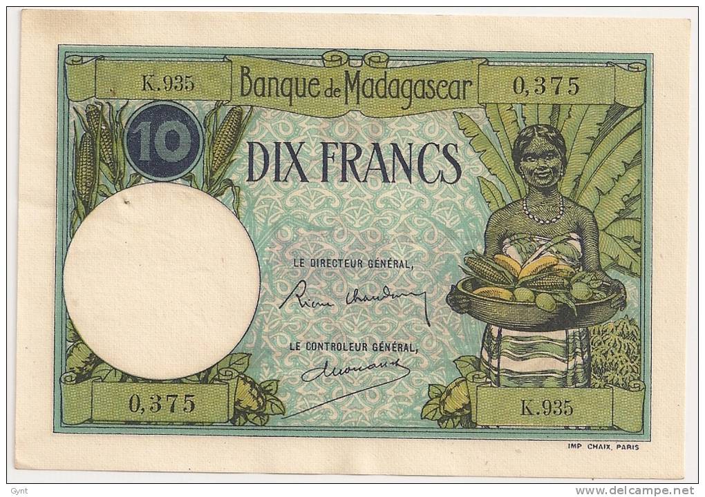 10 FRANCS Banque De MADAGASCAR  1926 Neuf  Avec Trous D´épingles KOLSKY 804 - Madagaskar