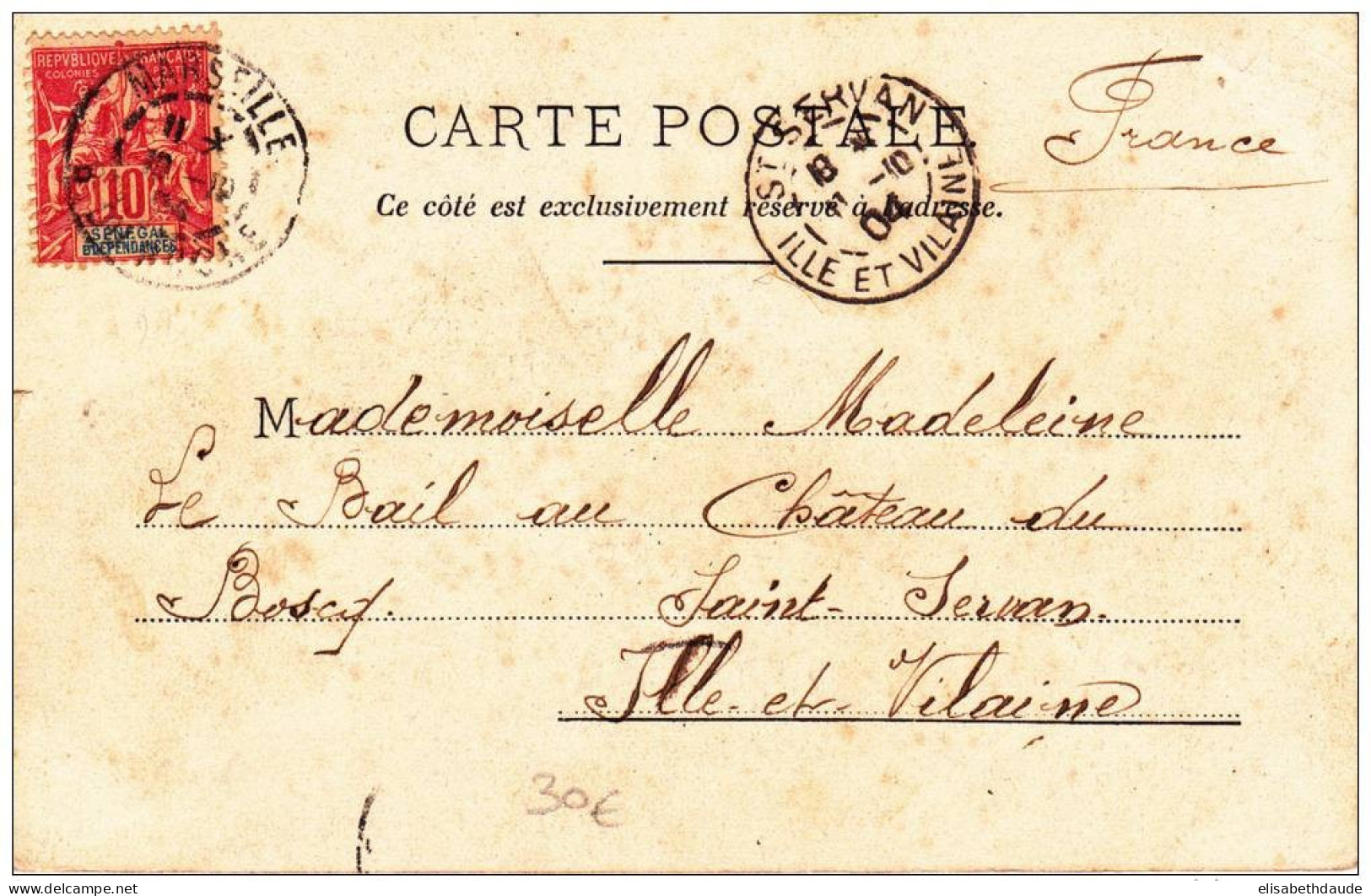 SENEGAL - 1904 - OBLITERATION à MARSEILLE ! MARITIME ! CP Avec TYPE GROUPE De DAKAR Pour ST SERVAN (ILLE ET VILAINE) - Storia Postale