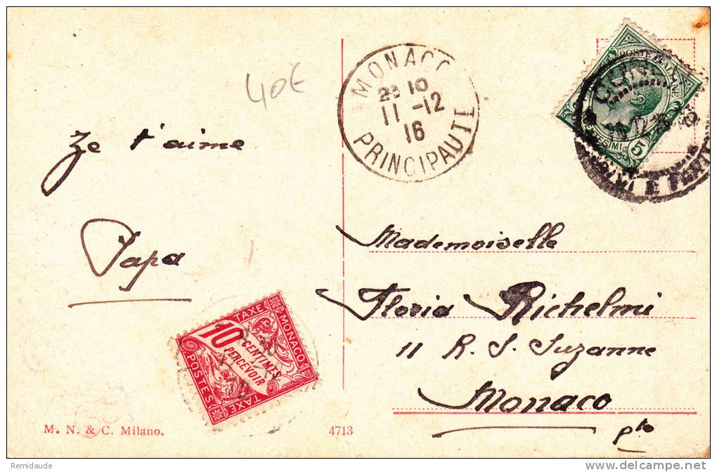 MONACO - 1916 - CARTE POSTALE De CUNEO (ITALIE) Pour MONACO Avec RARE TAXE - Poststempel