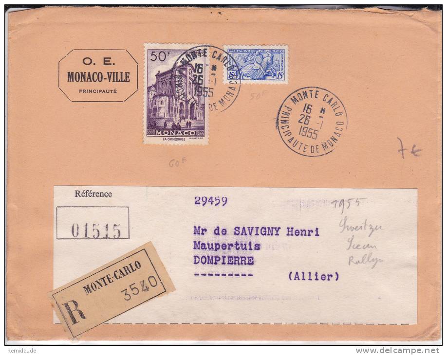 MONACO - 1955 - ENVELOPPE RECOMMANDEE De MONTE CARLO Pour DOMPIERRE - Marcofilia