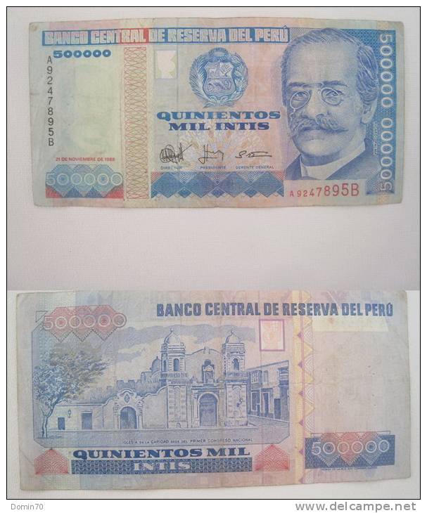 Billet Pérou 500 000 Intis Quinientos Mil Ricardo Palma Iglesia Caridad Congreso 1988 - Perú