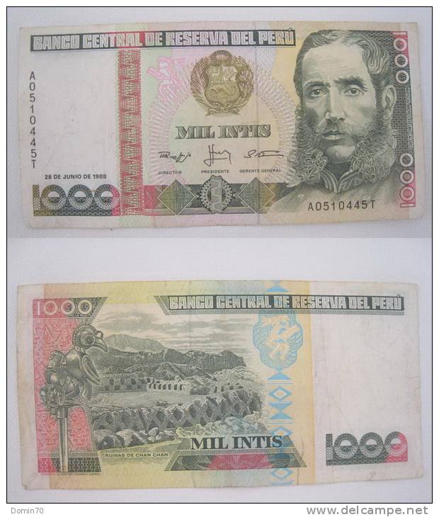 Billet Pérou 1 000 Intis Mil Mariscal Andres Avelino Caceres Ruines De Chan Chan 1988 - Perú