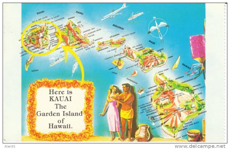 Kauai Island HI Hawaii, Map Shows Garden Island Kauai On C1980s Vintage Postcard - Kauai