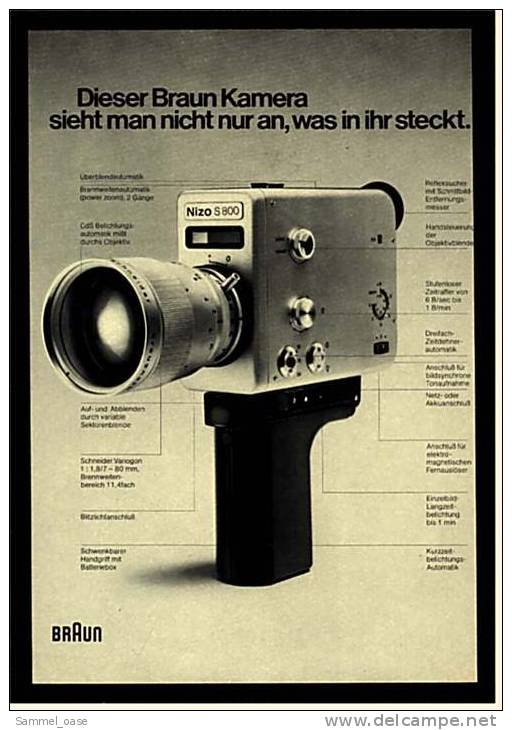 Reklame Werbeanzeige 1974 ,  Braun Film-Kamera Nizo S 800 - Videocamere
