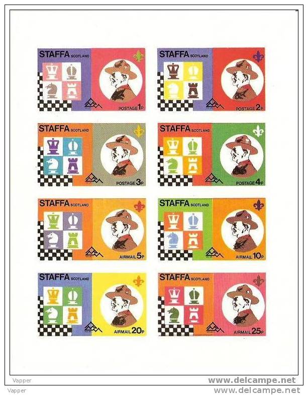 Chess 1976 Staffa - Scotland MNH Imperforated Cinderella C/sheet Of 8 Scouts Chess Pieces. - Local Issues