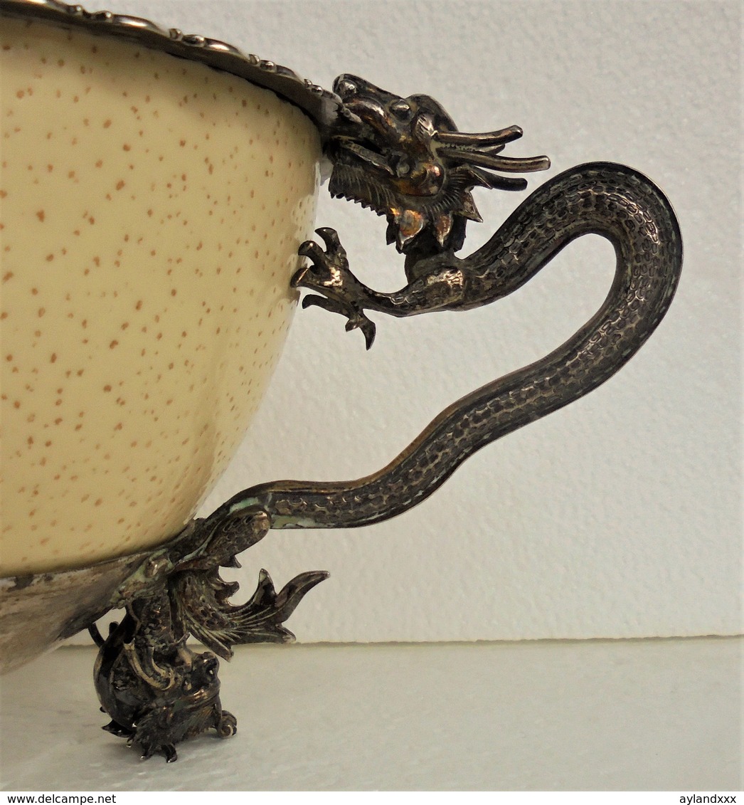 CINA (China): Old Silver Dragon Bowl With Egg Of Ostrich - Marked Luen Wo - Arte Orientale