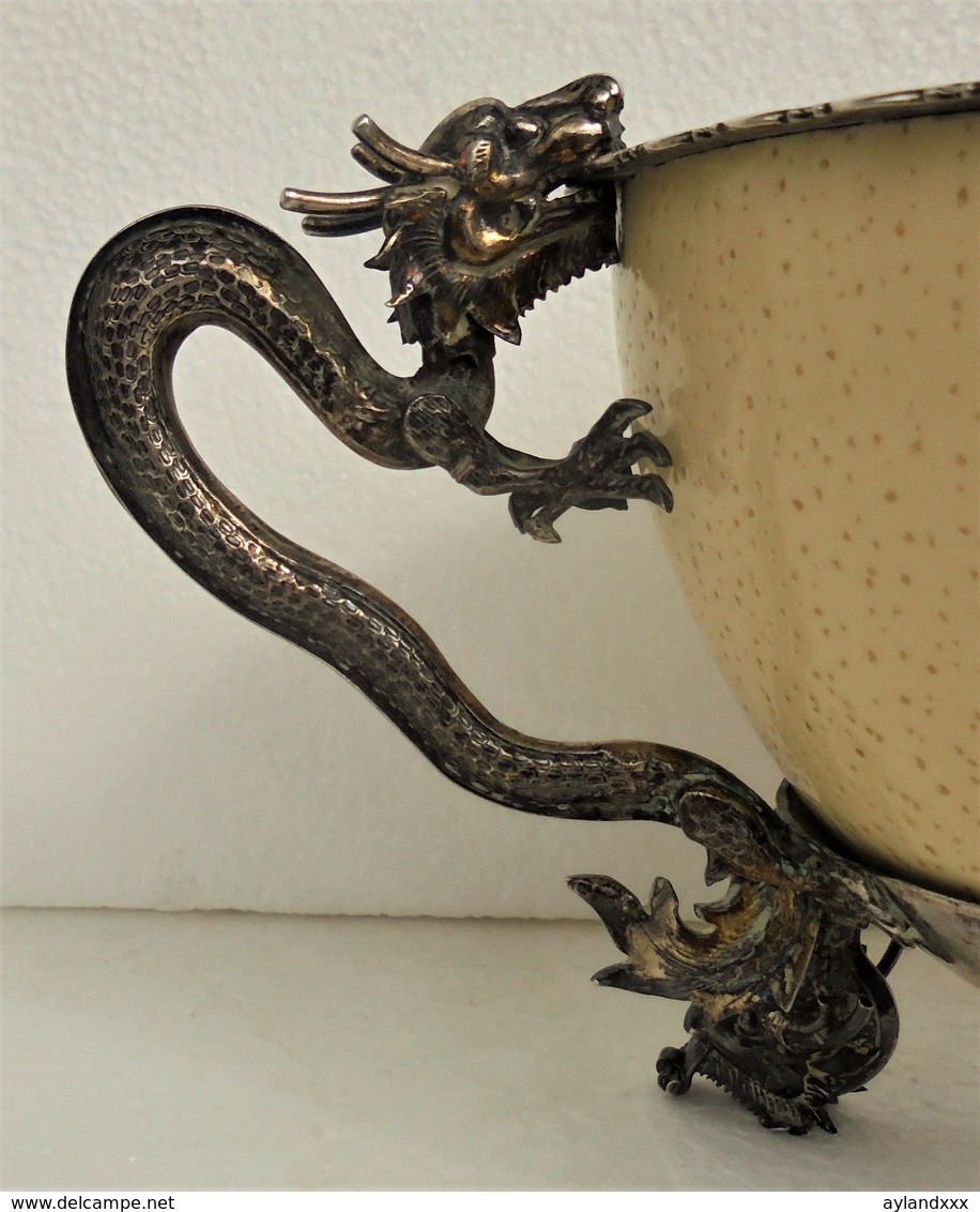 CINA (China): Old Silver Dragon Bowl With Egg Of Ostrich - Marked Luen Wo - Arte Orientale