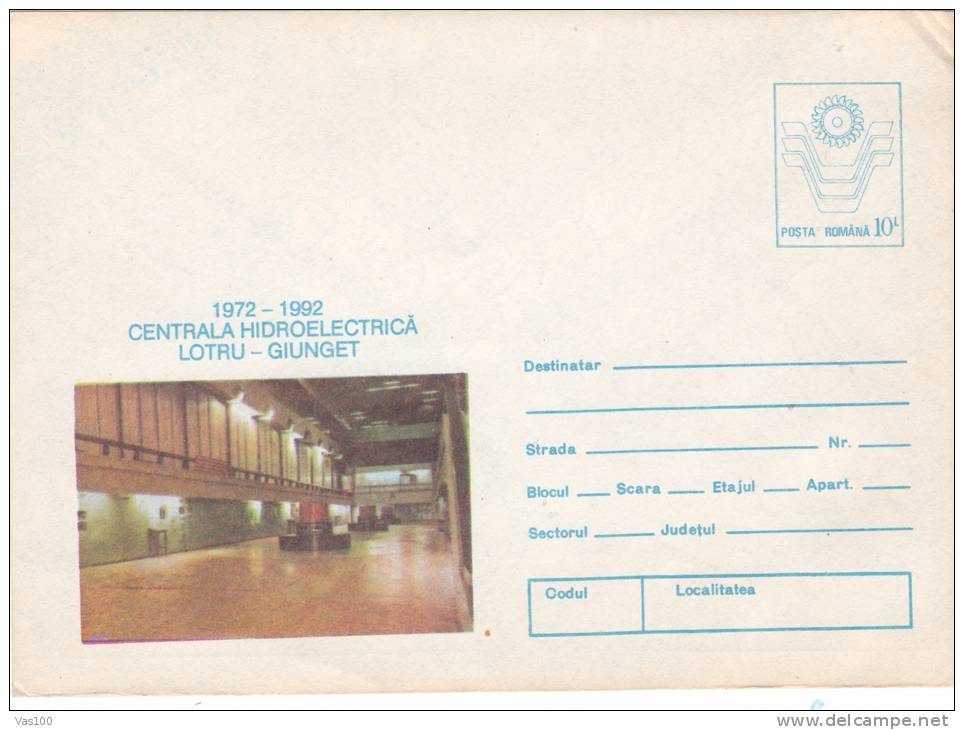 HIDROELECTRIC PLANT, 1992, COVER STATIONERY, ENTIER POSTALE, UNUSED, ROMANIA - Electricity