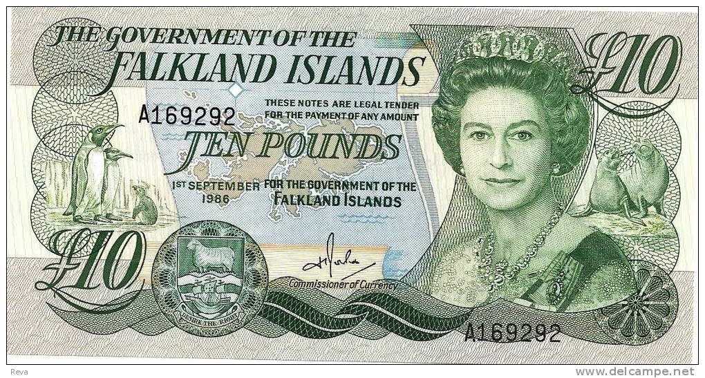 FALKLAND ISLANDS 10 POUNDS GREEN QEII HEAD FRONT BUILDINGS BACK DATED 01-09-1986 UNC P. 14a  READ DESCRIPTION!!!!! - Falkland Islands