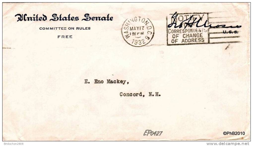 MARCOPHILIE POSTAL HISTORY WASHINGTON US SENATE FREE - Postal History