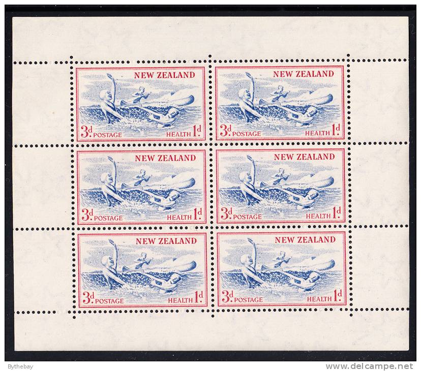 New Zealand 1957 MNH Scott #B53a Minisheet Of 6 Health Stamps: Children In Water - Neufs
