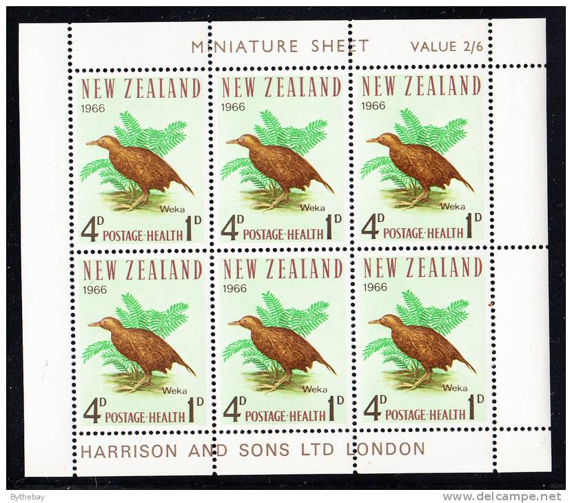 New Zealand 1966 MH Scott #B72a Minisheet Of 6 Health Stamps: Weka (Flightless Rail) - Ungebraucht