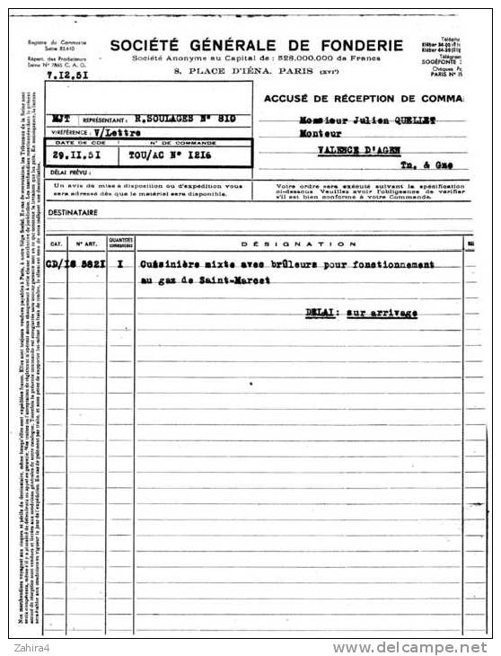 Société Générale De Fonderie - Paris - Réception De Commande - Cuisinièrte De Saint-Marcet - Publicités