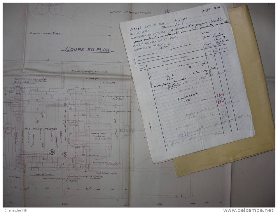 DOSSIER - PLAN ET DETAIL INSTALLATION MONORAIL A GRAPPIN USINE PERSIL à HERENT ( Henkel ) 1941 - RARE - DESIGN CRANE !! - Macchine