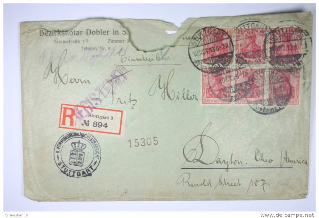 Deutsche Reich Einschreiben Cover 1913 Stuttgart To Dayton Ohio USA, Block 6 X 10 Pf - Briefe U. Dokumente