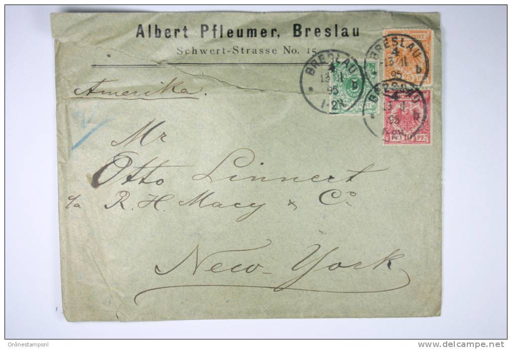 Deutsche Reich Cover 1895, Breslau To New York, Misch Frankatur  5 + 10 + 25 Pf., Fragile - Briefe U. Dokumente