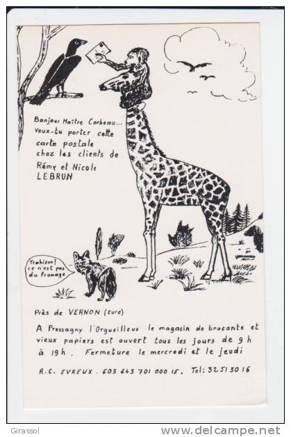 CPSM GIRAFE Dessinée Pub Magasin Brocante à Pressagny L' Orgueilleux Eure  Si Bandes Jaunes Dues Scan - Giraffen