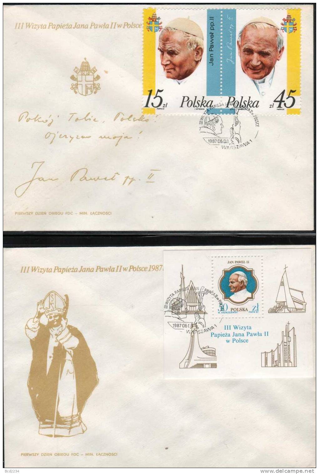 POLAND FDC 1987 POPE JOHN PAUL JPII JP2 3RD VISIT TO HIS POLISH HOMELAND STAMPS & MS Religion Famous Poles - FDC