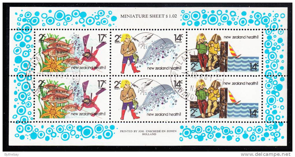 New Zealand Scott #B108a Used Miniature Of 6 Health Stamps: Children Wharf Fishing, Surfcasting, Underwater Fishing - Oblitérés