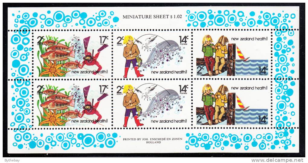 New Zealand Scott #B108a MNH Miniature Of 6 Health Stamps: Children Wharf Fishing, Surfcasting, Underwater Fishing - Unused Stamps