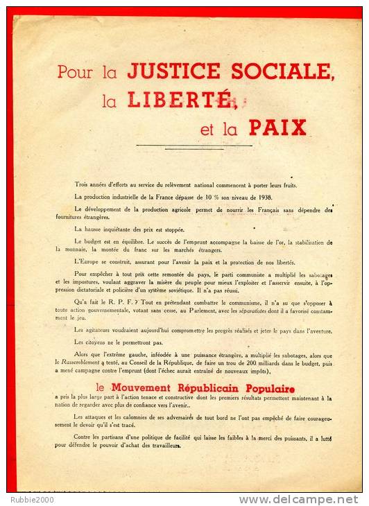 TRACT ANTI COMMUNISTE ET ANTI R.P.F. DU MOUVEMENT REPUBLICAIN POPULAIRE MRP POUR LA JUSTICE SOCIALE LA LIBERTE LA PAIX - Documenti Storici