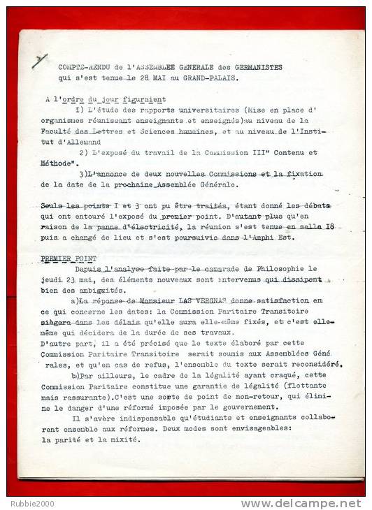 TRACT POLYCOPIE 28 MAI 1968 COMPTE RENDU DE L ASSEMBLEE GENERALE DES GERMANISTES AU GRAND PALAIS - Documenti Storici