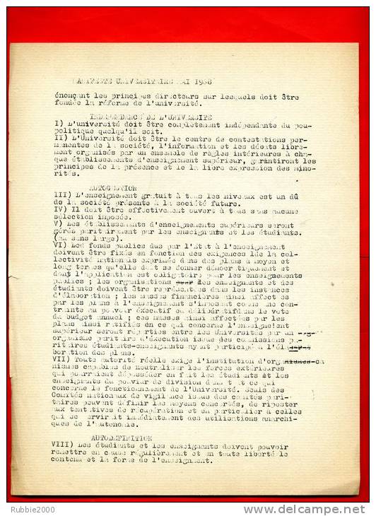 TRACT POLYCOPIE MAI 1968 MANIFESTE UNIVERSITAIRE POUR LA REFORME DE L UNIVERSITE AUTOGESTION - Documenti Storici