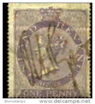 GREAT BRITAIN - 1862 QUEEN VICTORIA POSTAL FISCAL  1d. LILAC  PEN CANCEL - Revenue Stamps