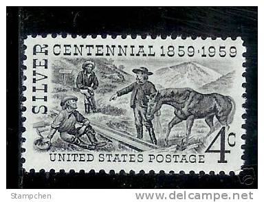 1959 USA Silver Centennial Stamp Sc#1130 Horse Mineral Mount - Ungebraucht