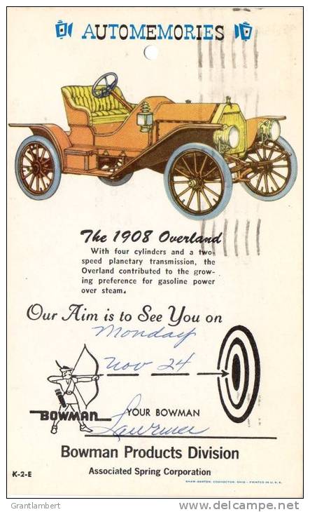 Automemories - The 1908 Overland, Bowman Products Division, Posted 1969, Richland MO Used - Passenger Cars