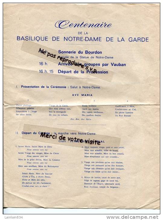 - Document Double Pages, Cérémonie Procession Centenaire De Notre Dame De La Garde, Marseille, Bon état. - Programmes
