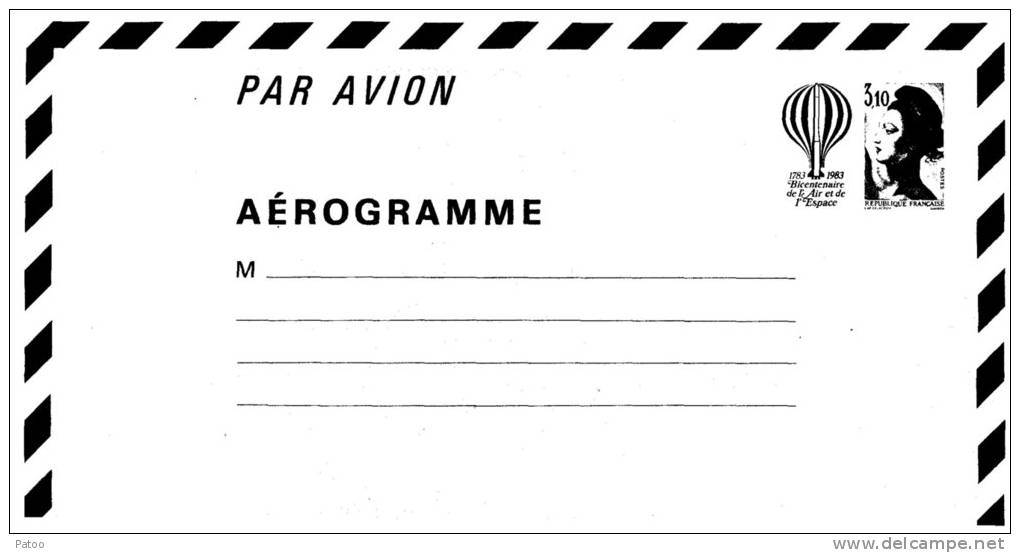 FRANCE   1 AEROGRAMME   N°1010  BICENTENAIRE DE L'AIR ET DE L'ESPACE ( Scan Défectueux) - Aerogramme