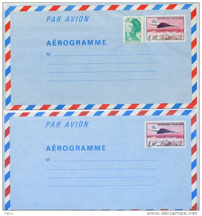 FRANCE  2 AEROGRAMMES  N°1009  AVION CONCORDE SURVOLANT PARIS( L´UN DES AEROGRAMMES  A UN COMPLEMENT D´AFFRANCHISSEMENT) - Aerograms