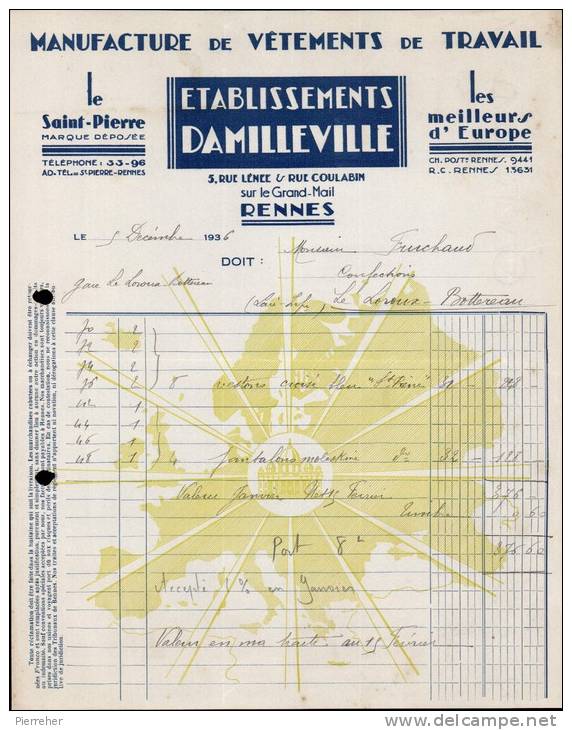 ETABLISSEMENTS DAMILLEVILLE, MANUFACTURE DE VÊTEMENTS DE TRAVAIL A  RENNES  / FACTURE DATEE 1936 - 1900 – 1949