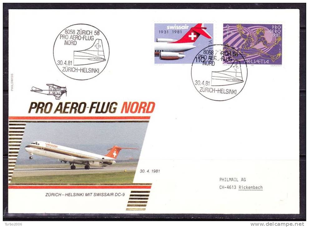 Schweiz : Pro Aero Flug Nord 30-4-1981 Zürich - Helsinki Swissair DC-9 Yvert 1079 + P.A. 48 - First Flight Covers