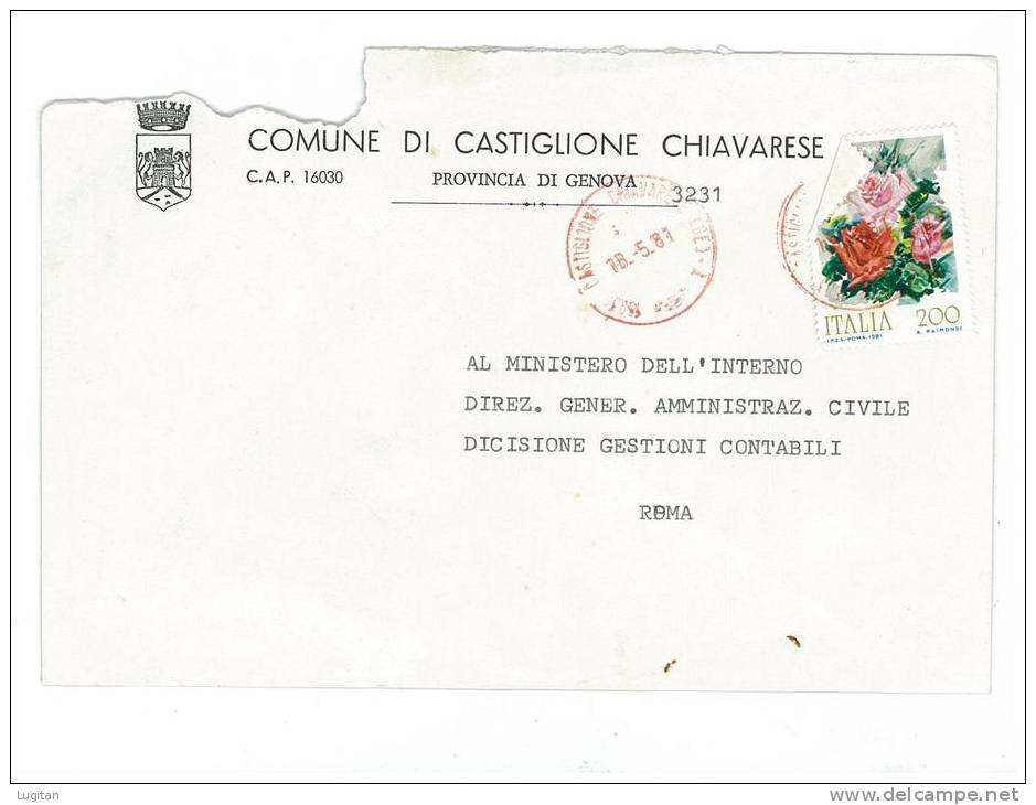 CASTIGLIONE CHIAVARESE  CAP. 16030 - PROV. GENOVA  - LIGURIA  ANNO 1981  LS - TEMATICA COMUNI D'ITALIA  - POSTAL HISTORY - Macchine Per Obliterare (EMA)