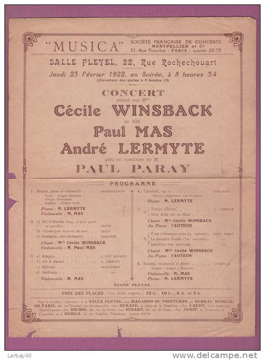 1 Petite Affiche Salle Pleyel 23 02 1922 Concert Cecile Winsback Paul Mas Andre Lermyte Musica - Manifesti
