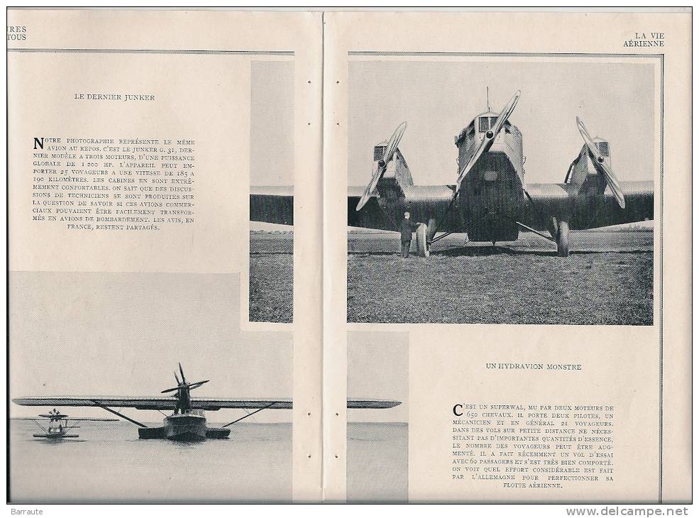 Feuillet  Article Actualité De 1927 " Le JUNKER G.31 Avion De Trnasport 25 Passagers" - Historische Dokumente