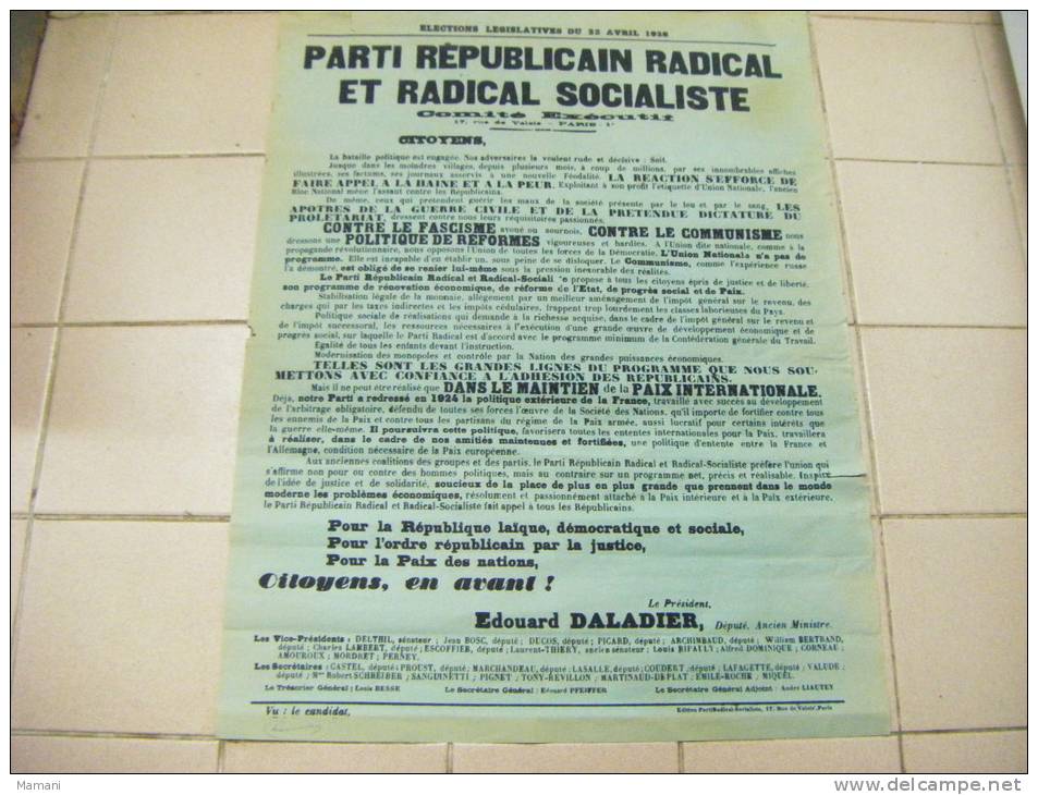 Affiche 60x80- Parti Republicain Radical Et Radical Socialiste--elections  Du  22  4 1928 Autographe A Identifier - Posters