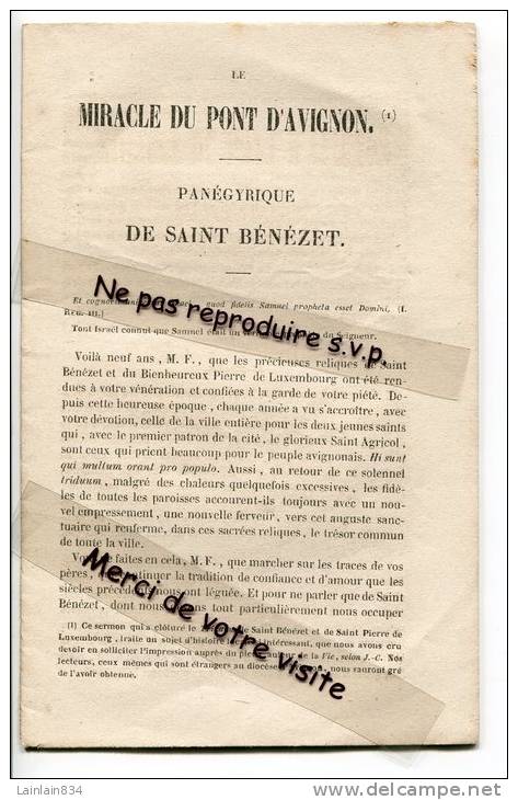 -  Miracle Du Pont D´Avignon, 1863, Panégyrique De Saint-Bénézet,  Eglise De St-Didier, 8 Pages, Dim : 20 X 13 Cm, . - Religion & Esotérisme