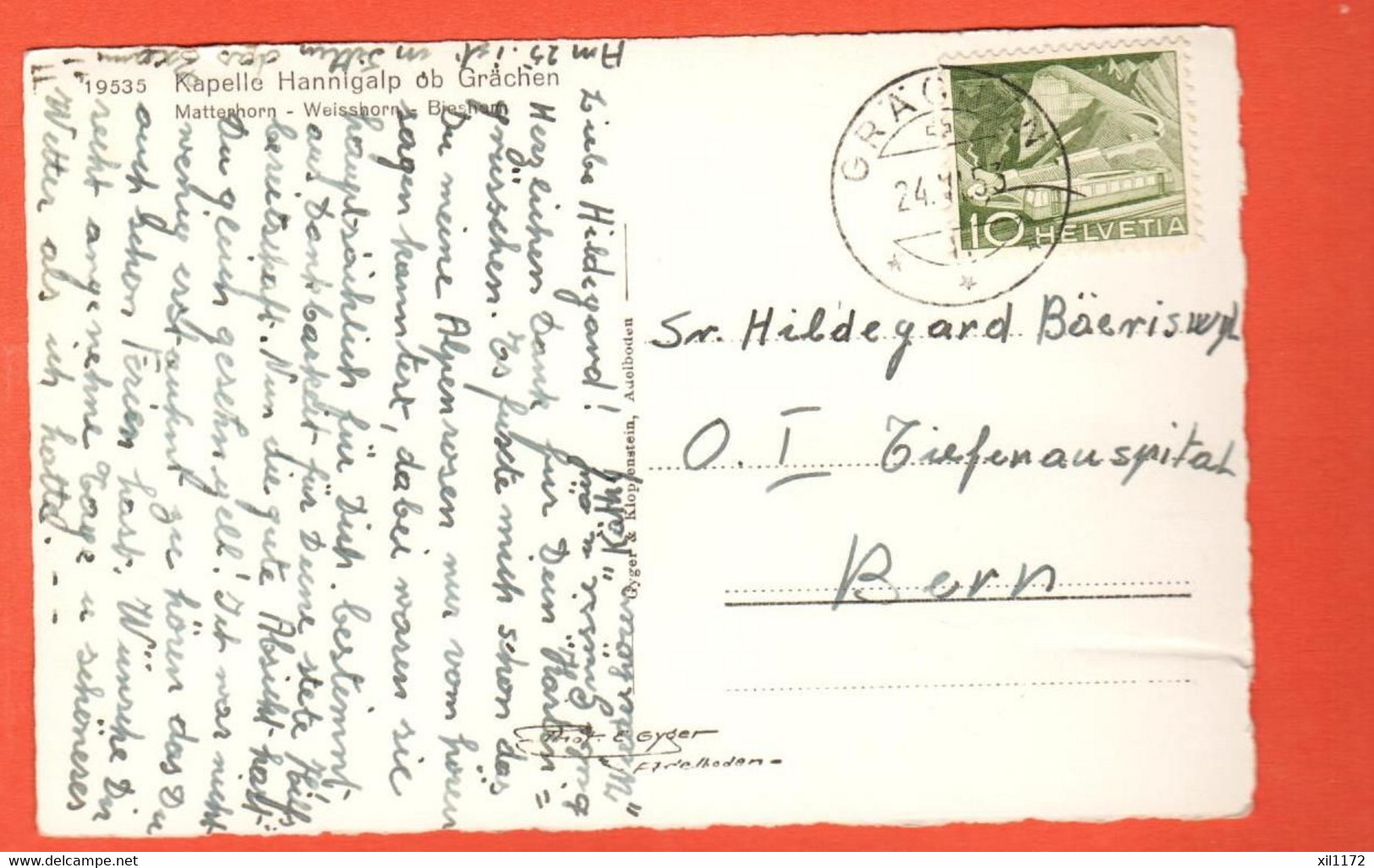 X0175 Kapelle Hannigalp Ob Grächen,cachet Grächen 1953. Gyger 19535. Scan Der Rückseite On-line - Grächen