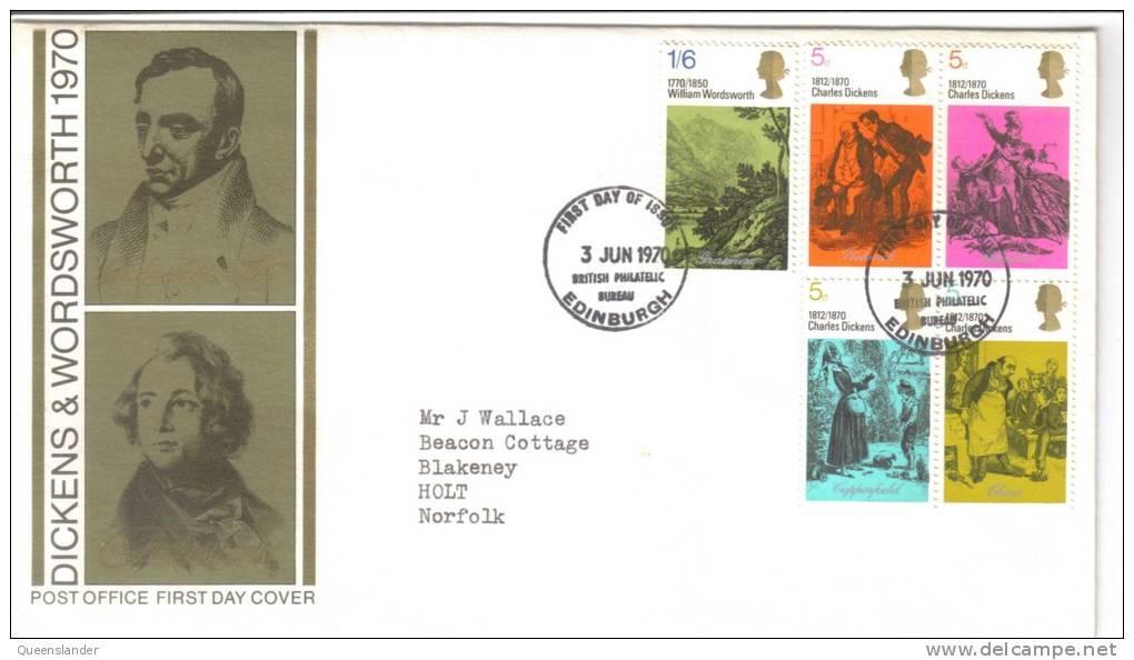 1970 Dickens Wordsworth FDI 3rd June 1970 British Post Office Official  Typed  Addressed FDC - 1952-1971 Em. Prédécimales