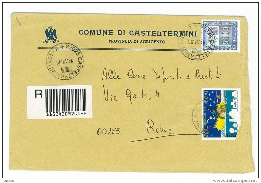 CASTELTERMINI CAP. 92025 - PROV. AGRIGENTO -SICILIA ANNO 2001   R  TEMATICA COMUNI D´ITALIA  - POSTAL HISTORY - Macchine Per Obliterare (EMA)